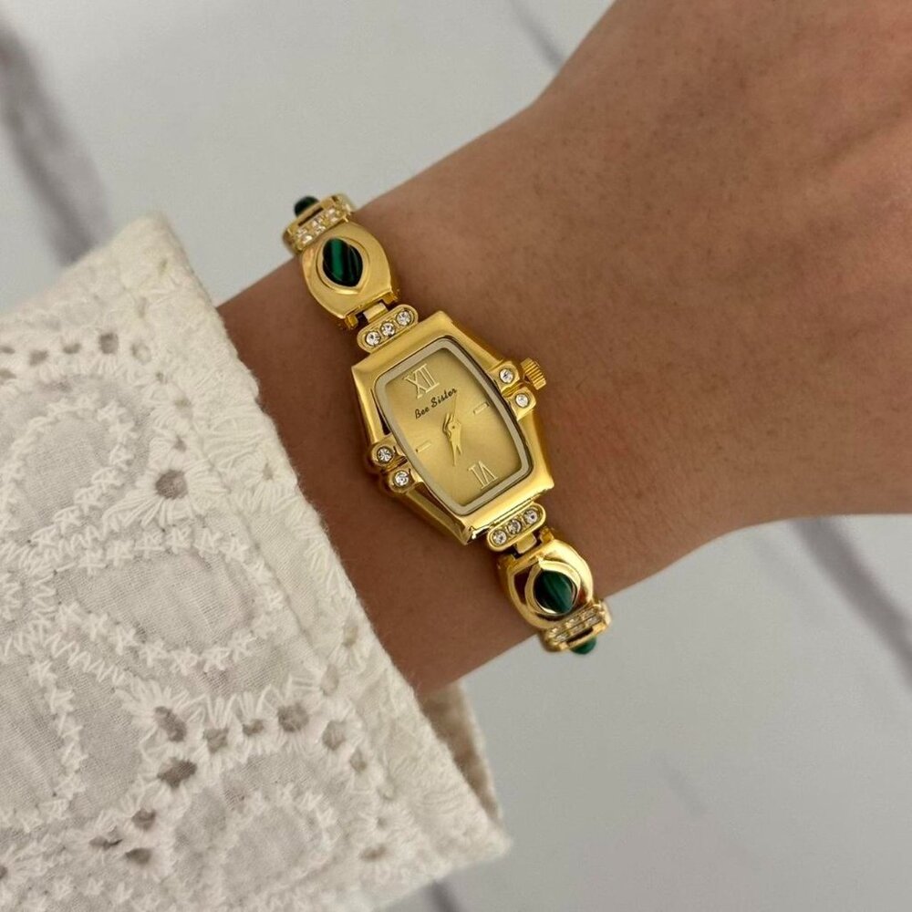 SKU0071Casual Gold Green Gemstones Women‎ Fashion Watch stainless steel+gift bag